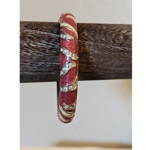 Mauve Cream Stripe Enamel Rhinestone Studded Clamper Style Bangle Bracelet - Picture 1 of 3